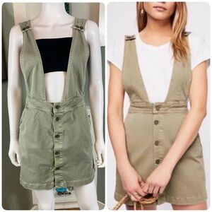 We The Free People Mallory Sage Green Denim Jean Overall Mini Dress Suspender 12